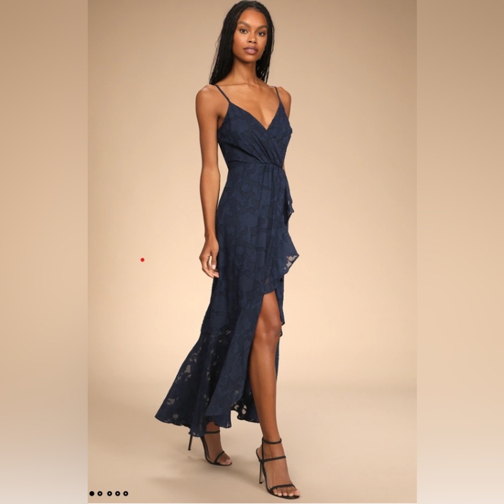 Near Your Heart Navy Blue Burnout Floral High-Low Dress LuLus